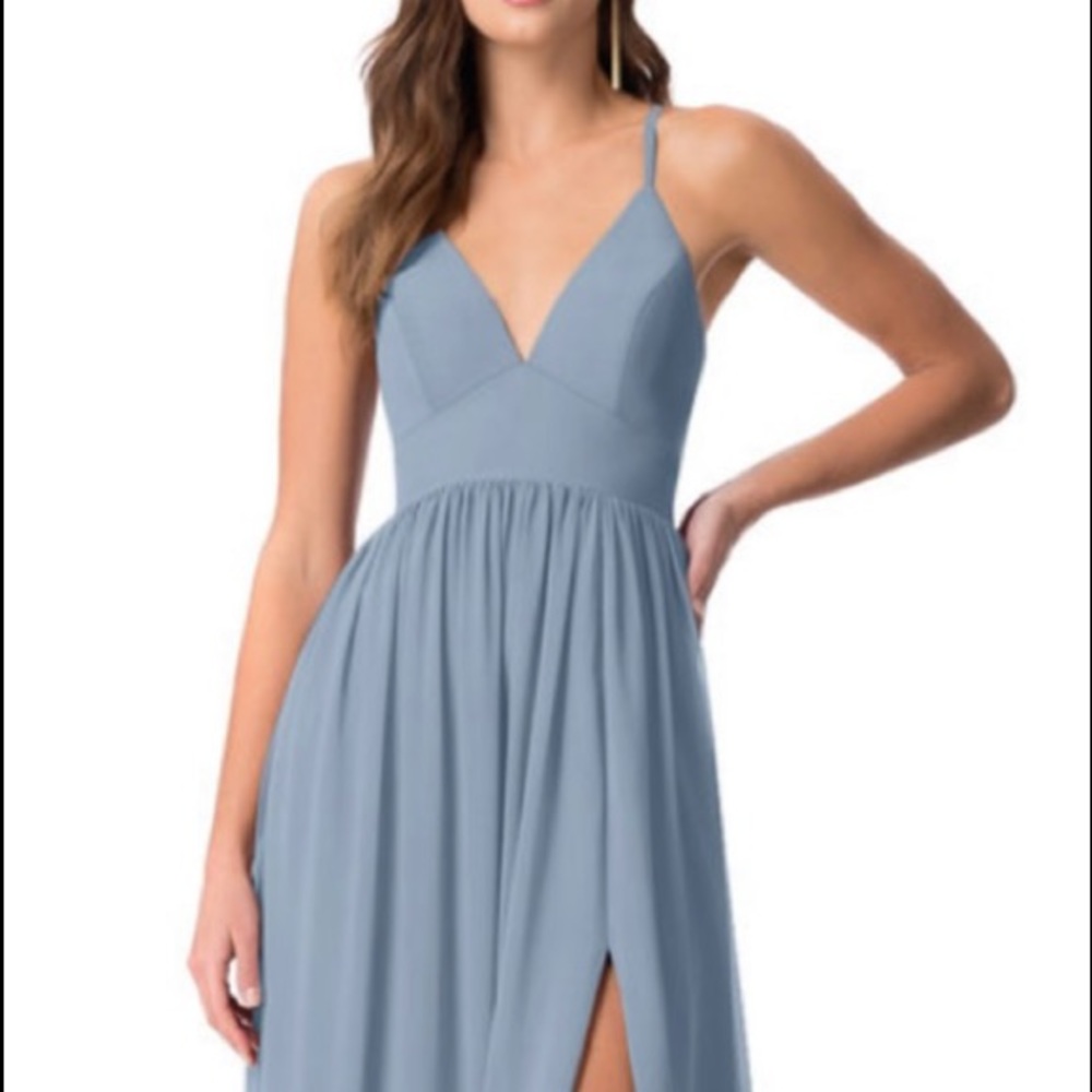 Azazie Aaida bridesmaid dress in dusty blue, unaltered size A4